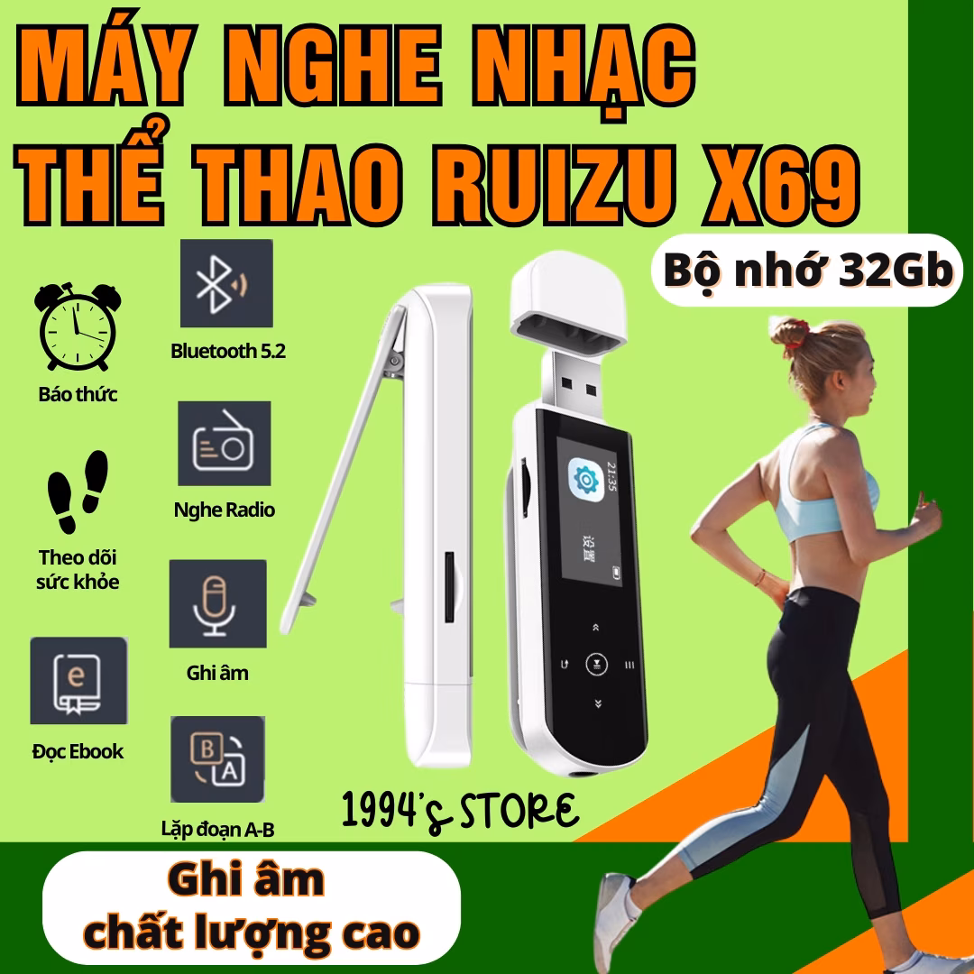 Máy nghe nhạc thể thao Ruizu X69 có kẹp áo kiêm máy ghi âm