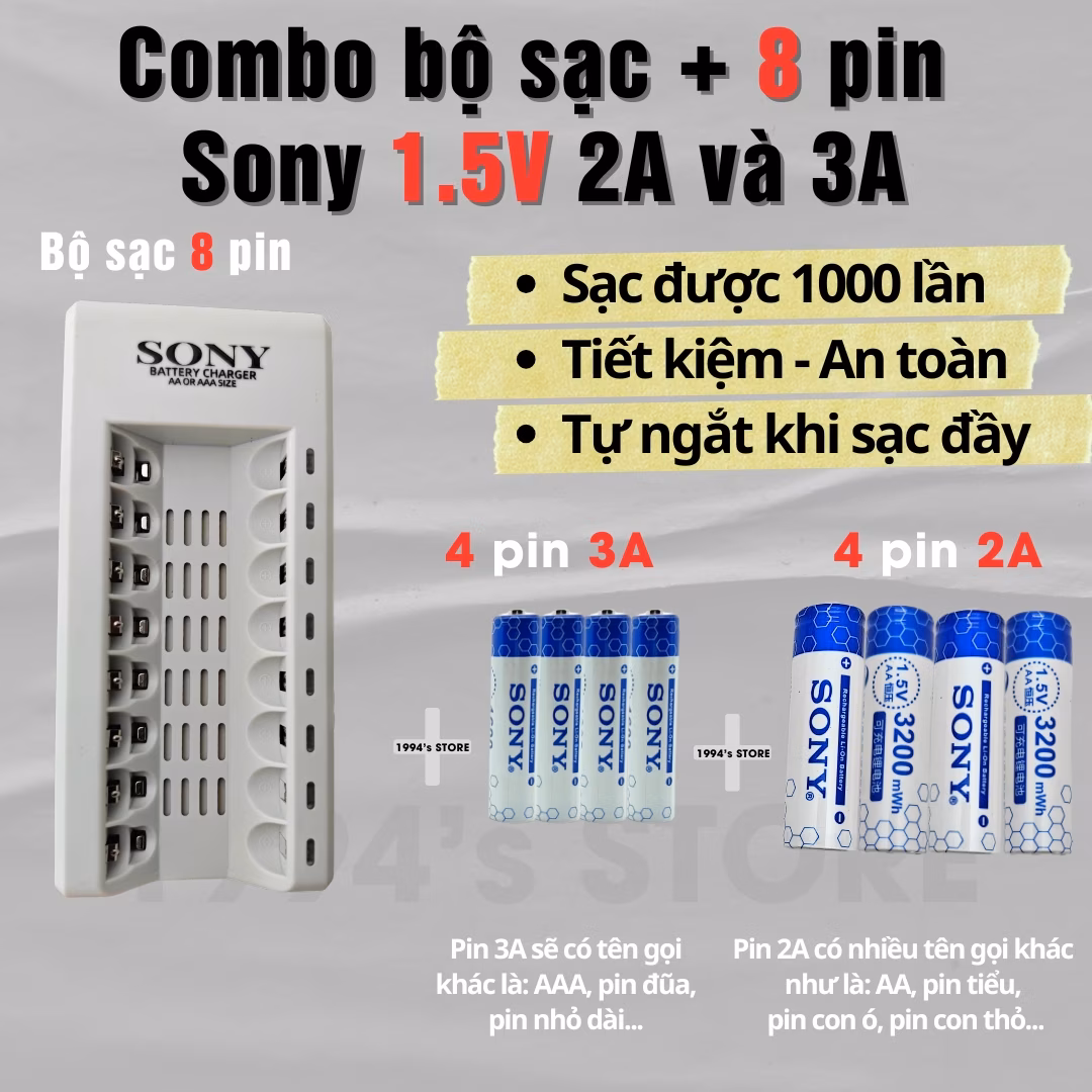 Combo bộ sạc Sony + pin đũa AAA 3A hoặc pin tiểu AA 2A Sony 1.5v