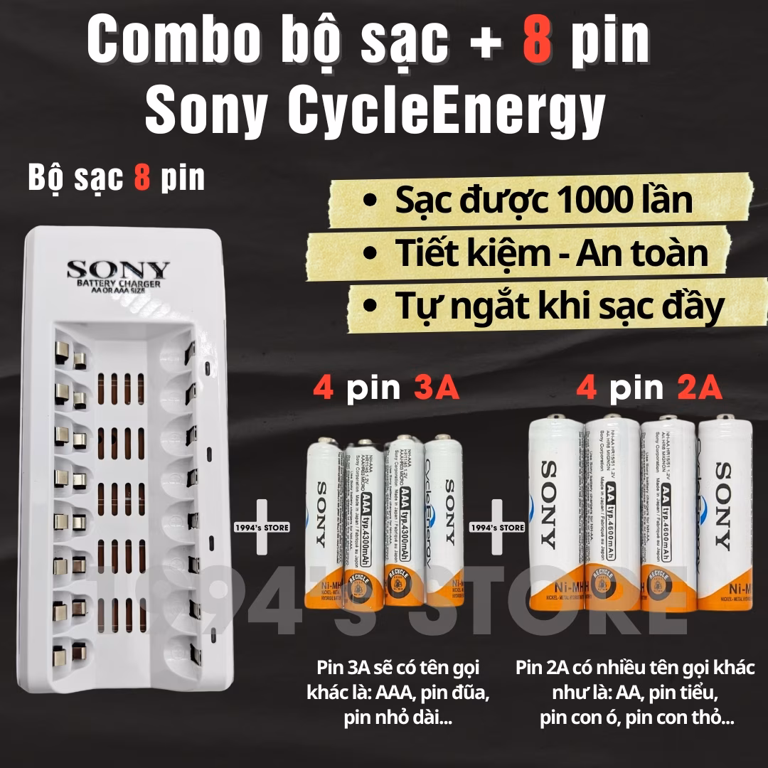Combo bộ sạc Sony + pin đũa AAA 3A hoặc pin tiểu AA 2A Sony 1.2v