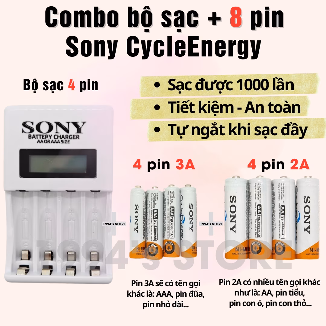 Combo bộ sạc Sony + pin đũa AAA 3A hoặc pin tiểu AA 2A Sony 1.2v