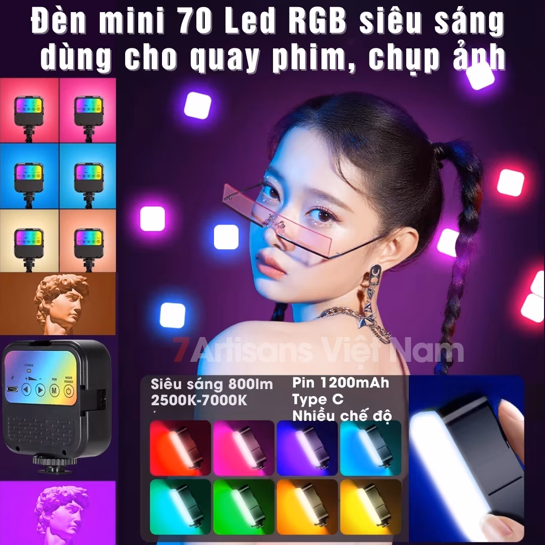 Đèn led hỗ trợ quay phim chụp ảnh W70 70 Led RGB – Pin sạc – Type C – Nhiều hiệu ứng màu sắc cho máy ảnh, điện thoại….