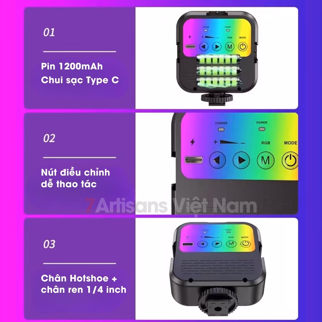 Đèn led hỗ trợ quay phim chụp ảnh W70 70 Led RGB – Pin sạc – Type C – Nhiều hiệu ứng màu sắc cho máy ảnh, điện thoại….