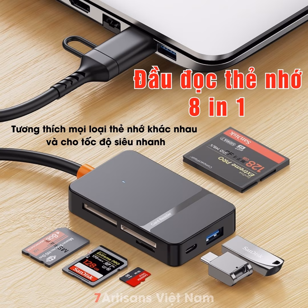 Đầu đọc thẻ nhớ USB 3.0 Type C 8 in 1 tốc độ cao 2 cổng Type C & USB