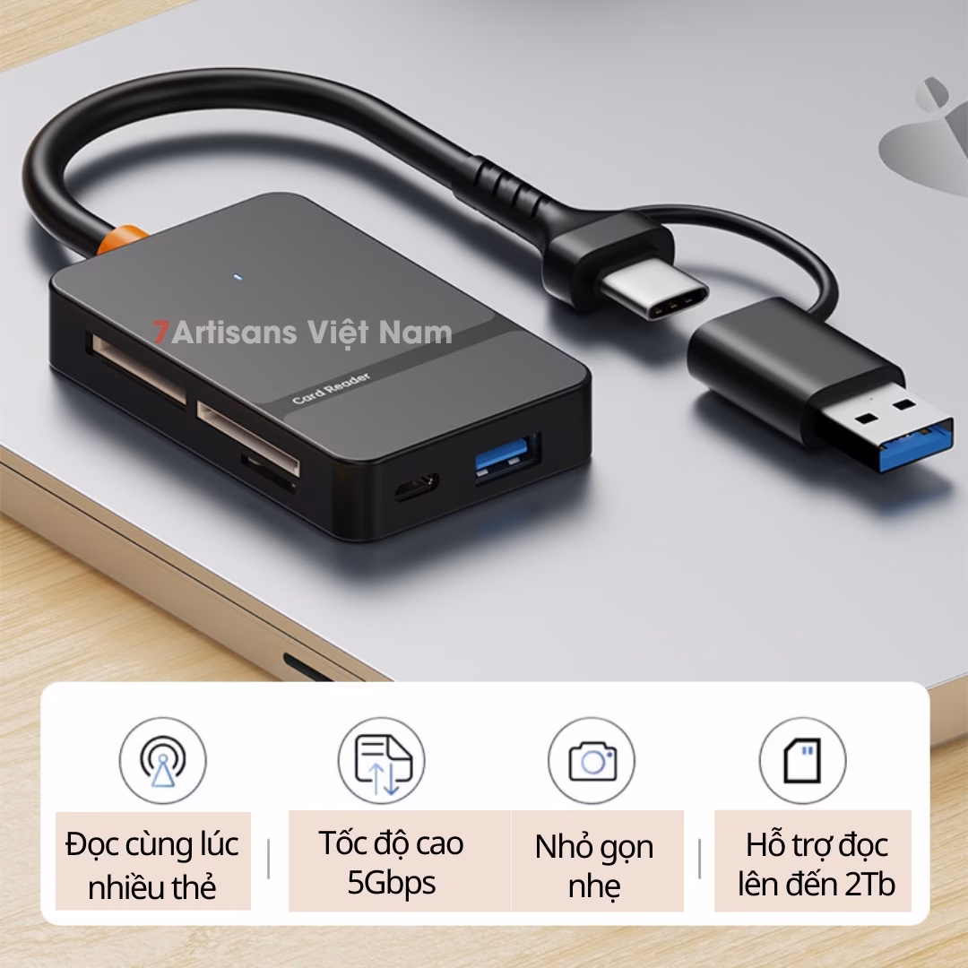 Đầu đọc thẻ nhớ USB 3.0 Type C 8 in 1 tốc độ cao 2 cổng Type C & USB