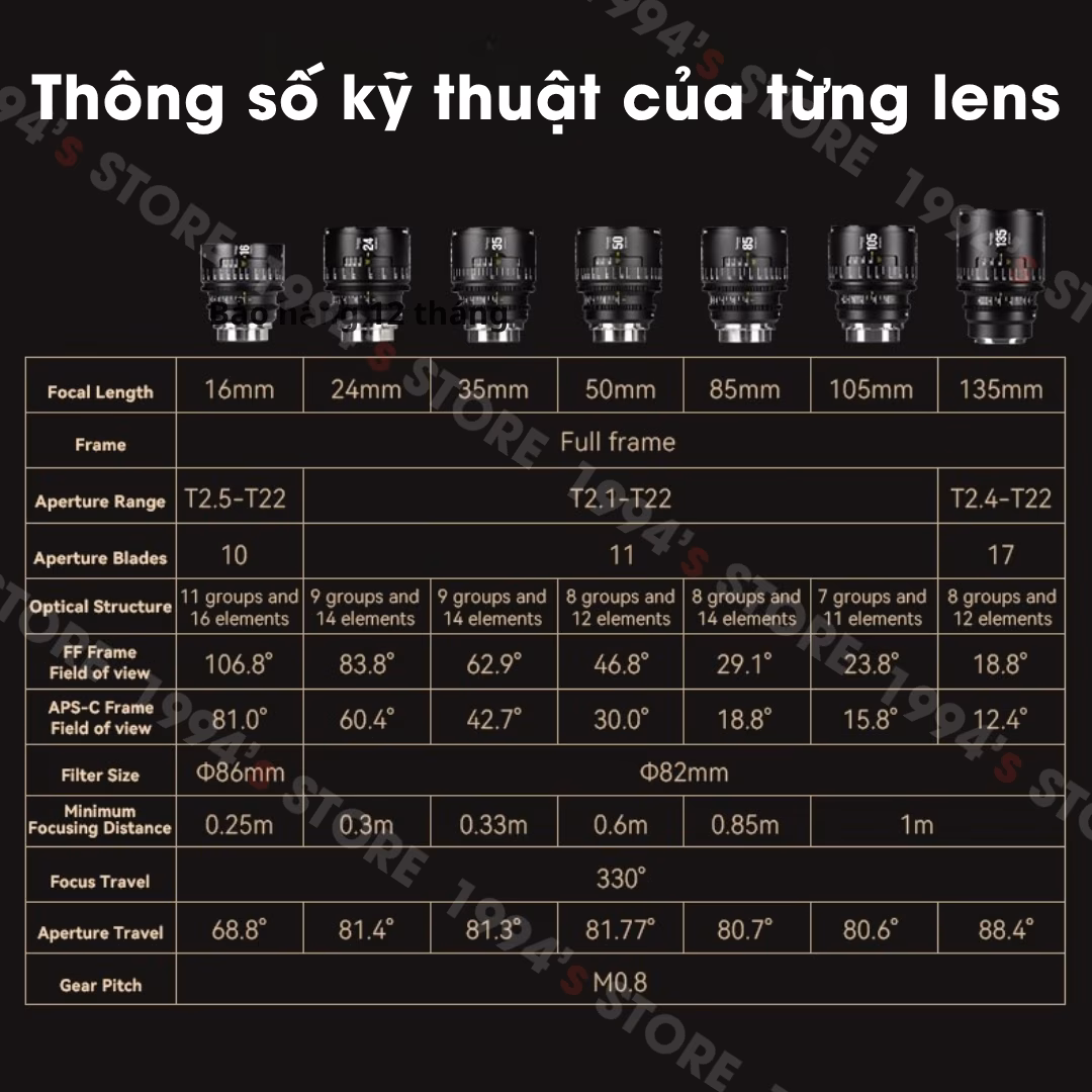 Bộ 7 lens quay phim 7Artisans Infinte Vision for Full-Frame – 16mm T2.5, 24mm/35mm/50mm/85mm/105mm – T2.1 và 135mm T2.4