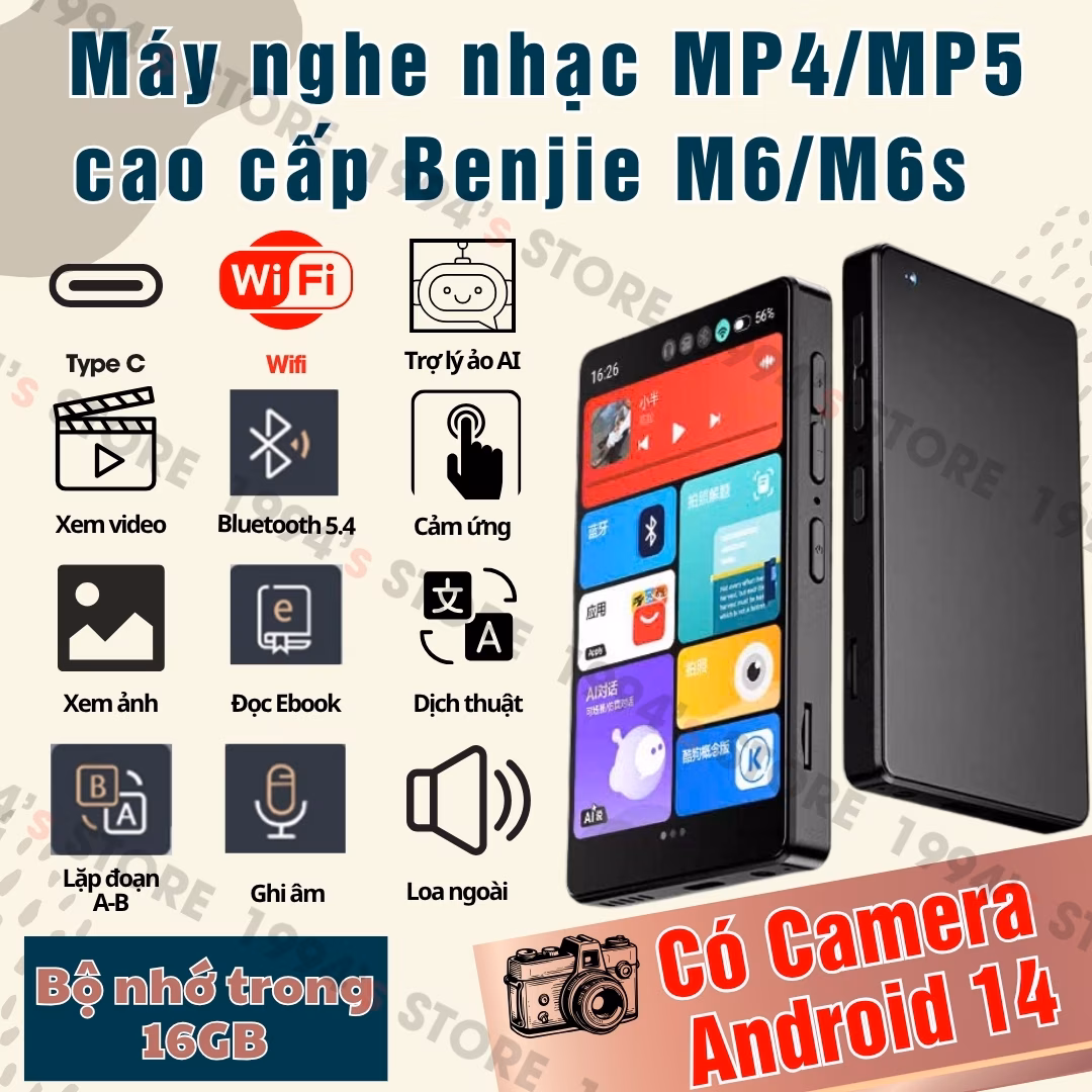 Máy Nghe Nhạc Benjie M6/M6s Android 14 – Bluetooth 5.4, Có Camera, Dịch Thuật Offline – Chính Hãng