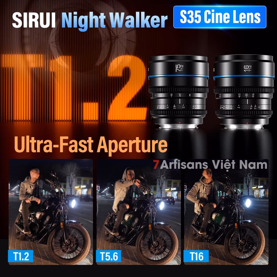 Set 2 lens SIRUI Night Walker T1.2 Super35 Cine 16mm và 75mm