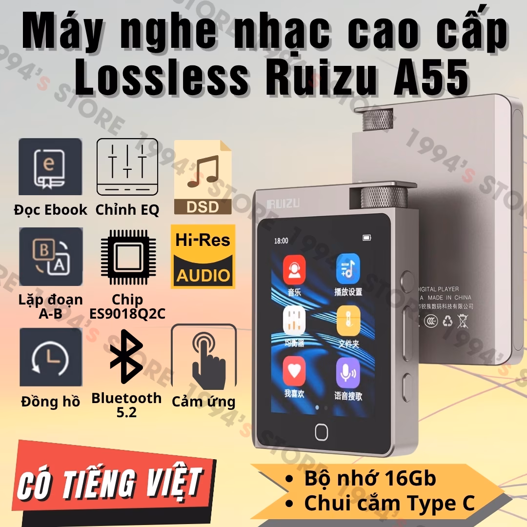 Máy Nghe Nhạc Cao Cấp Ruizu A55 16GB Bluetooth 5.2 - Chip Âm Thanh DSD256, DAC HIFI, Hi-Res Audio