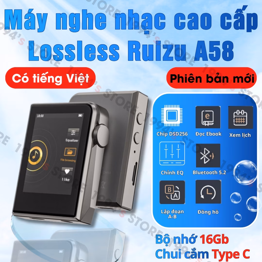 Máy Nghe Nhạc Cao Cấp Ruizu A58 16GB Bluetooth 5.2 - Chip DSD256, DAC HIFI, Có Tiếng Việt, Điều Chỉnh EQ