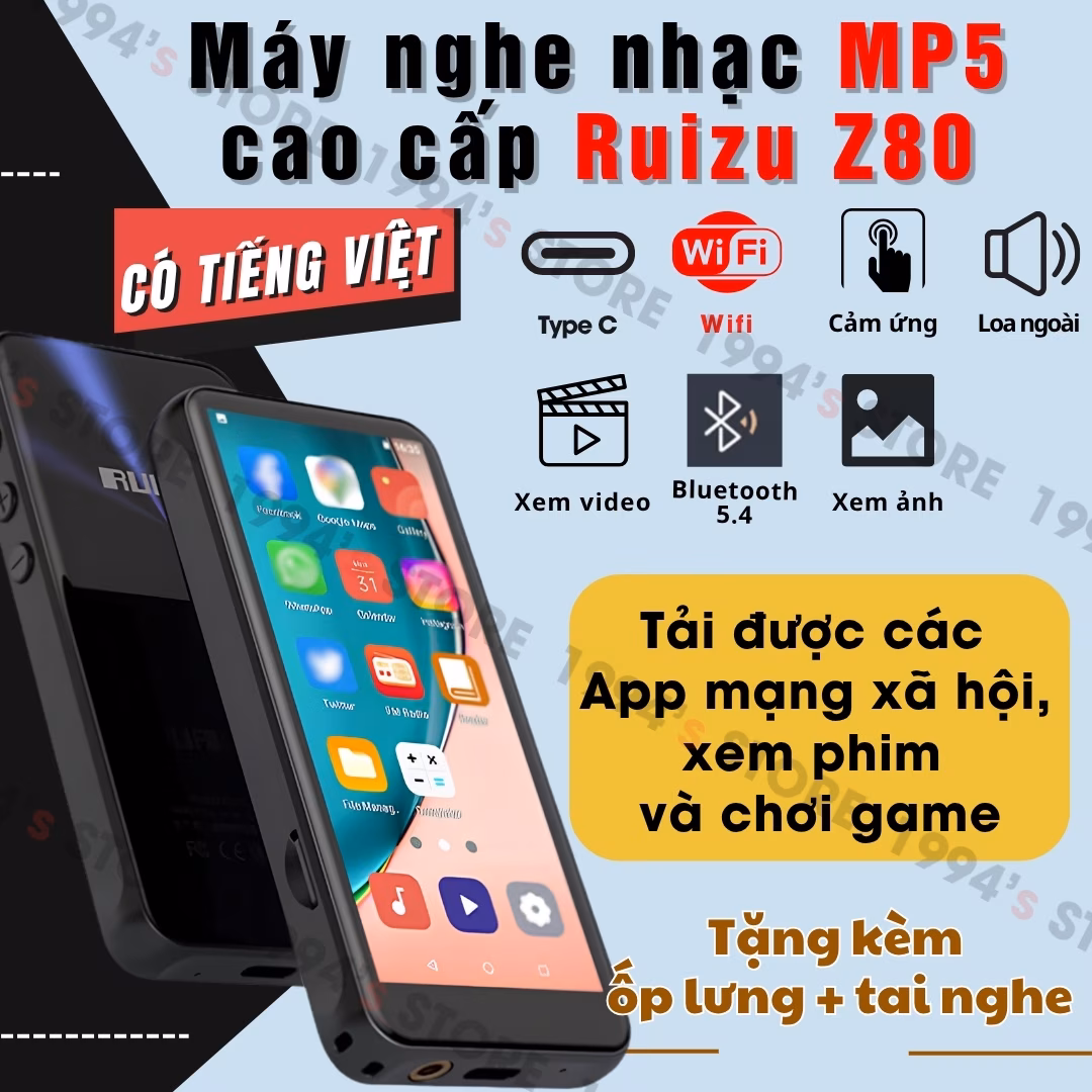Máy Nghe Nhạc Android Ruizu Z80 Xem Video ,Cảm Ứng IPS 4 Inch, RAM 2GB, ROM 16GB, Bluetooth 5.2, Wifi