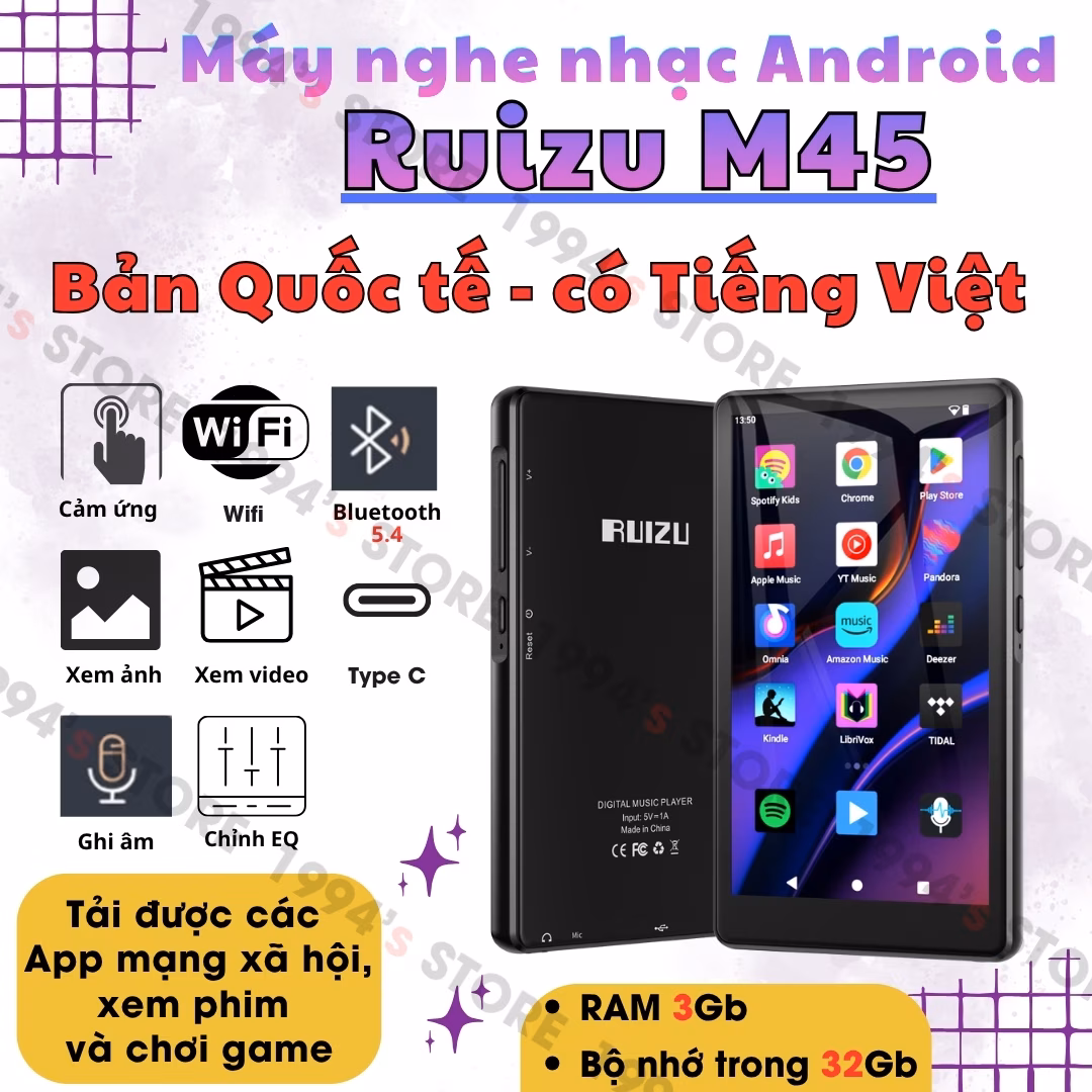Máy Nghe Nhạc Android Ruizu M45 - RAM 3GB, Màn Hình 4.5 Inch, Wifi Bluetooth 5.4