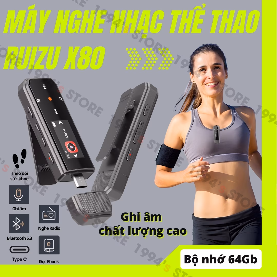 Máy Nghe Nhạc Thể Thao Ghi Âm Ruizu X80 | Hỗ Trợ Học Tiếng Anh, Lặp Đoạn A-B