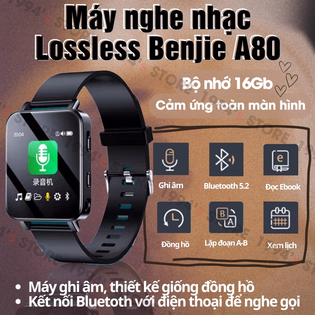 Máy Nghe Nhạc Benjie A80 (Bản Nâng Cấp) - Thiết Kế Đồng Hồ Đeo Tay, Bluetooth 5.2 - Chính Hãng