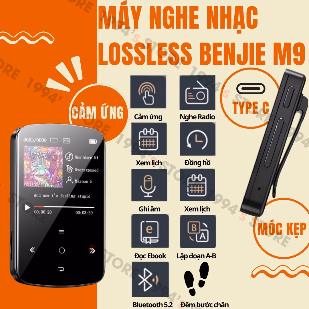 Máy Nghe Nhạc Benjie M9 Bluetooth 5.2 - Màn Hình Cảm Ứng, Hỗ Trợ Đếm Bước Chân - Chính Hãng Phân Phối