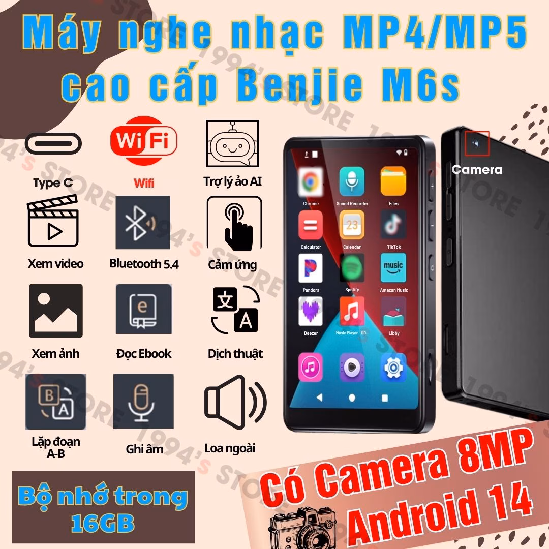 Máy Nghe Nhạc Benjie M6s Android 14 – Bluetooth 5.4, Có Camera, Dịch Thuật Offline – Chính Hãng