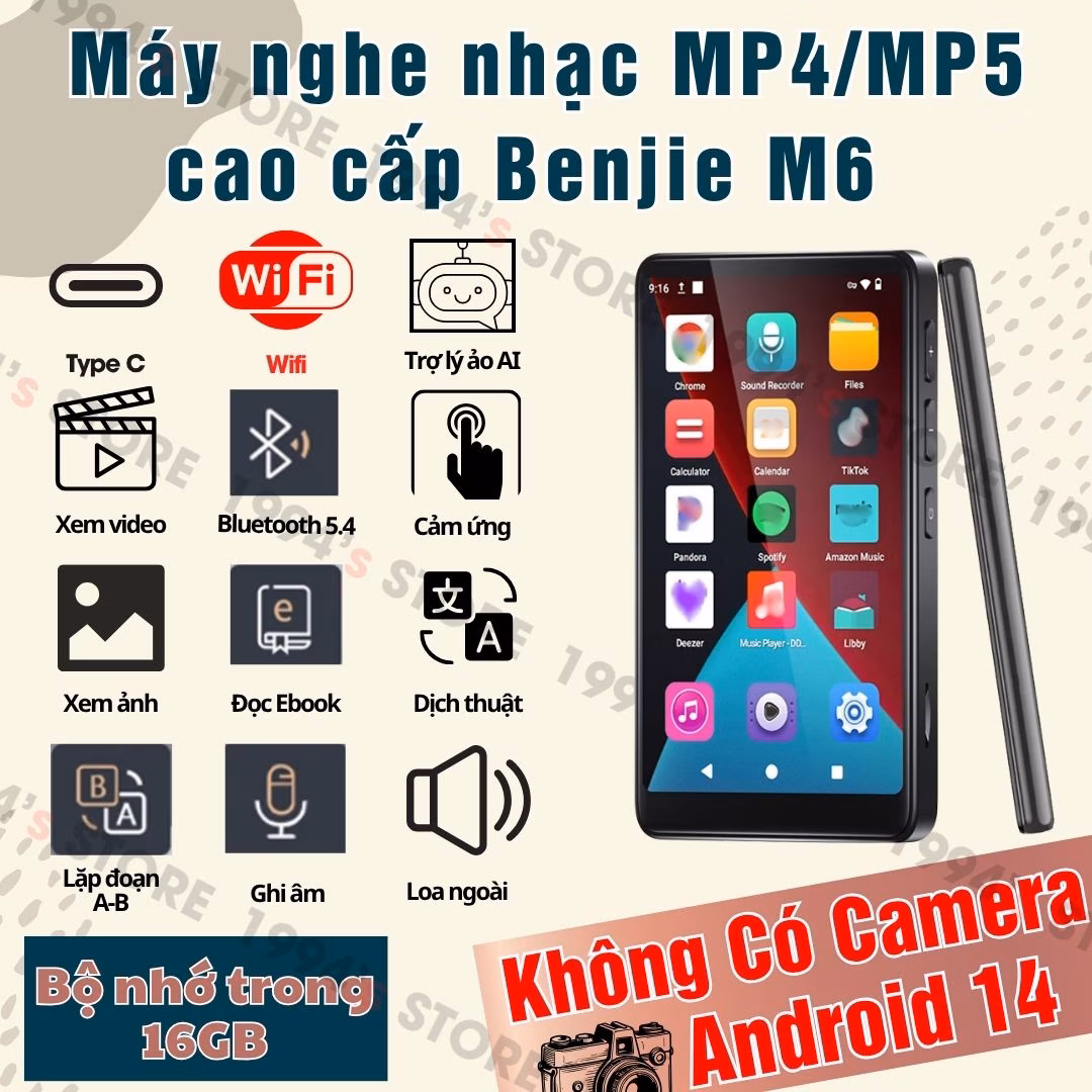 Máy Nghe Nhạc Benjie M6 Android 14 – Bluetooth 5.4, Có Camera, Dịch Thuật Offline – Chính Hãng