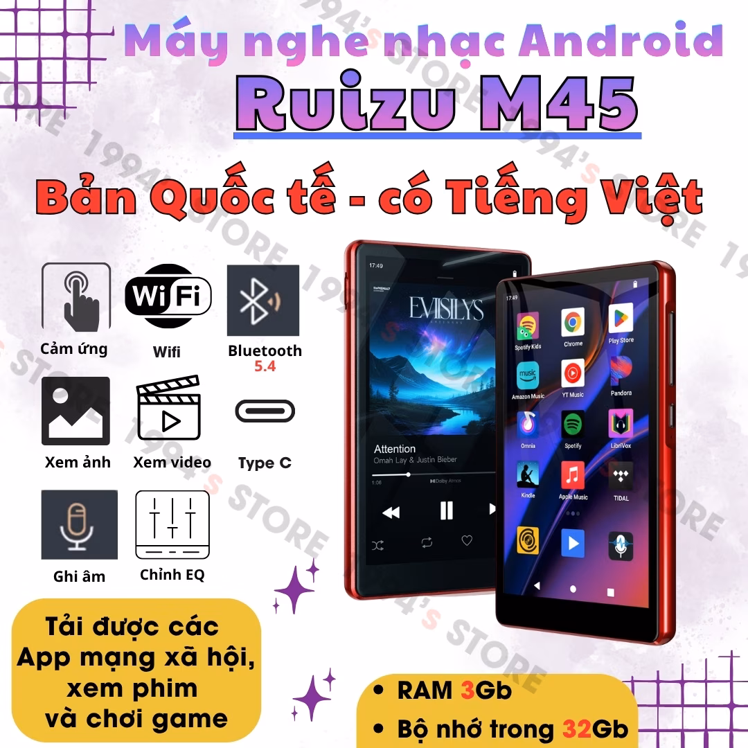 Máy Nghe Nhạc Android Ruizu M45 - RAM 3GB, Màn Hình 4.5 Inch, Wifi Bluetooth 5.4