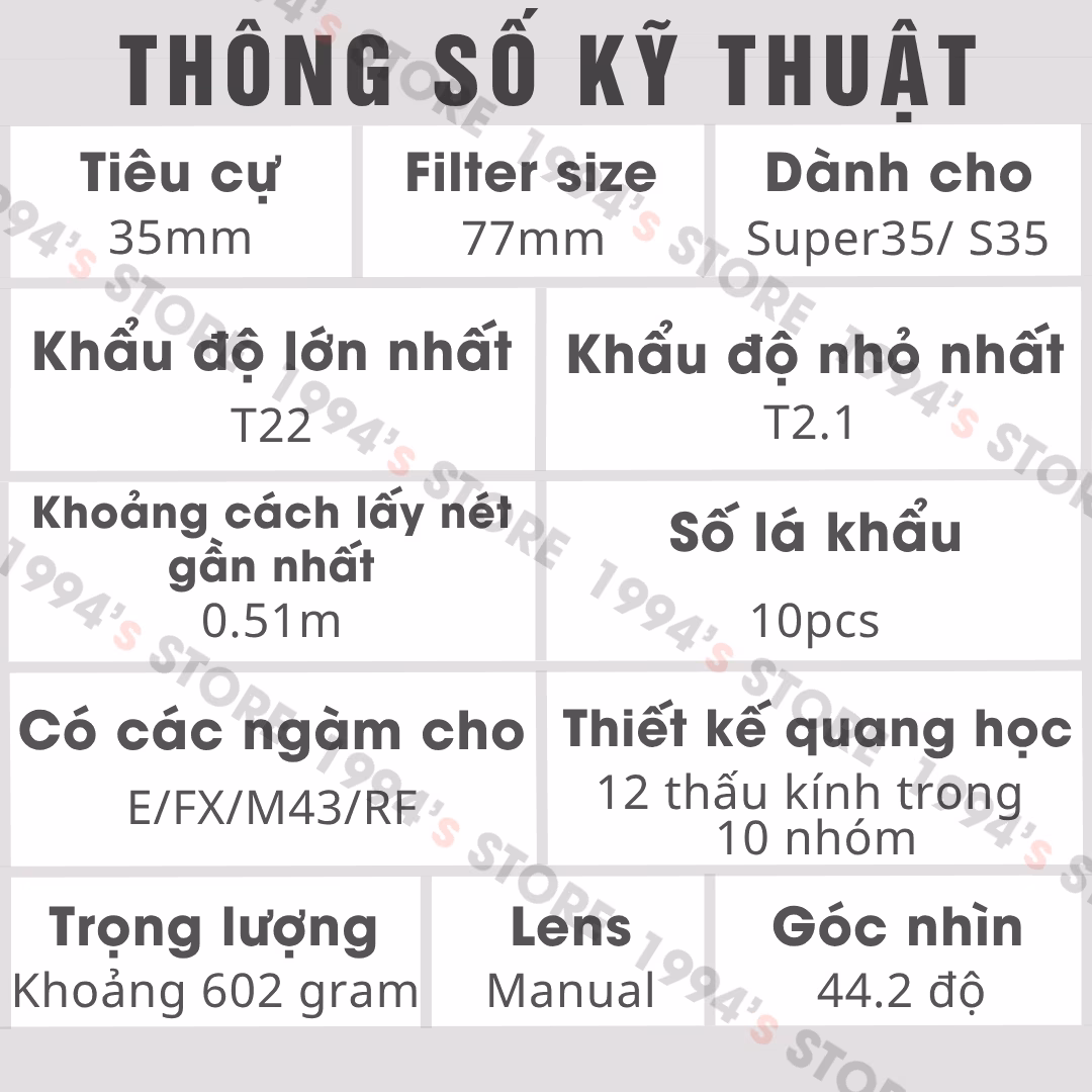 Thông số kỹ thuật 7Artisans 35mm T2.1