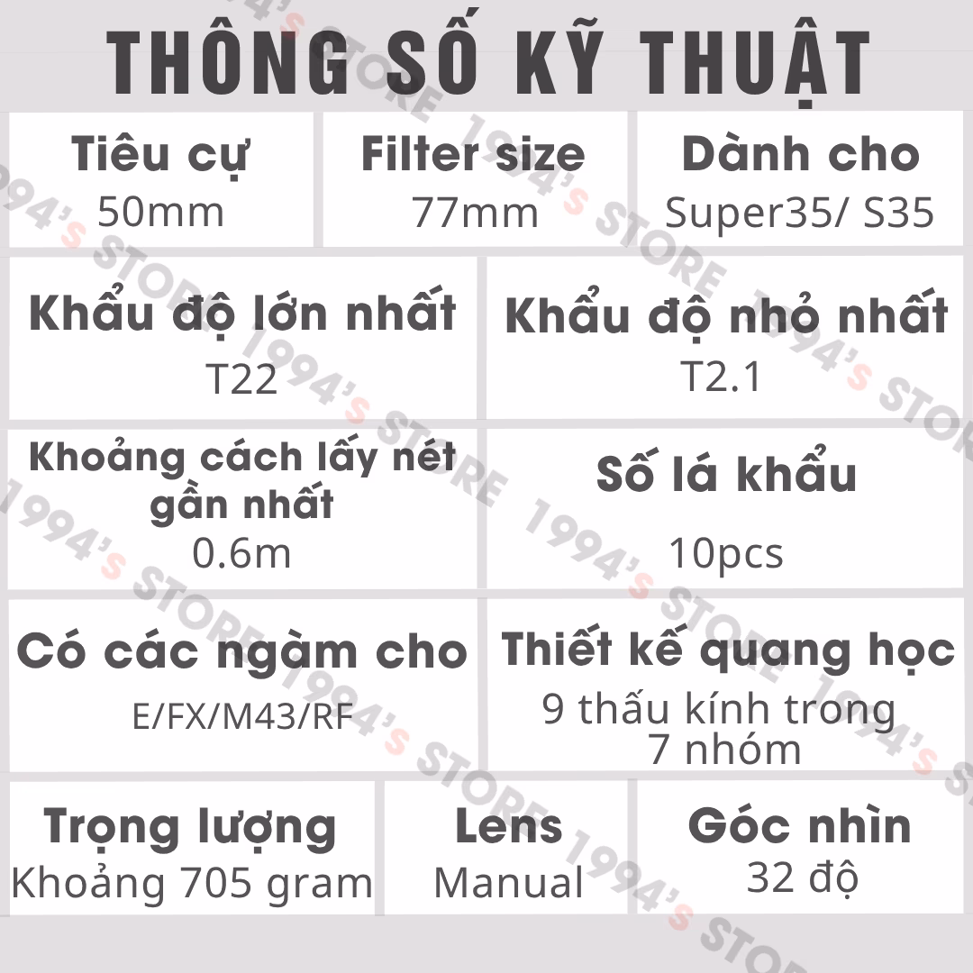 Thông số kỹ thuật 7Artisans 50mm T2.1
