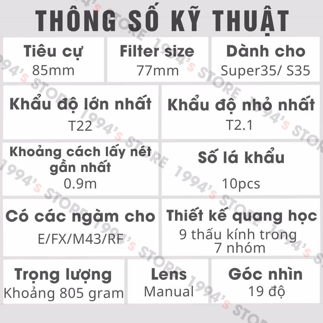 Thông số kỹ thuật 7Artisans 85mm T2.1
